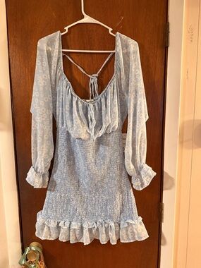 Light Blue Floral Smocked Long-Sleeve Mini Dress